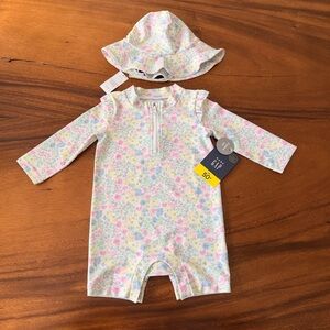 GAP Baby Pastel Floral Long-Sleeve One-Piece  Swimsuit with Matching Hat 6-12M